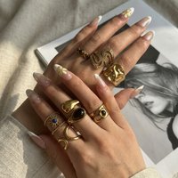 Boho Vintage Gold Stacking Ring for Women Waterproof Stainless Steel Retro Sunburst Stone Aesthetic Statement Jewelry