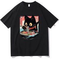 Summer Cats Eat Lamian Noodles Cartoon T-shirts Men's and Women's Clothing Harajuku Clothing Men's and Women's Tops