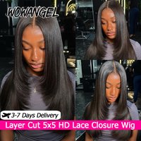 WOWANGEL Straight Glueless Wigs Layered Cut Human Hair Wigs 5x5 HD Lace Closure Wigs Pre Bleached Brazilian Hair Ready To Wear