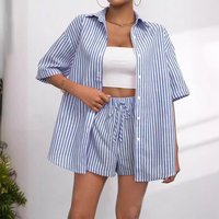 Summer Striped Short-sleeved Shirt + Shorts Two-piece Set Loose Lazy Style Leisure Suit Vacation Commuter All-match Slimming Wom