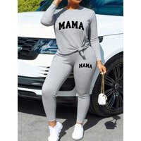 2026 Women's Casual Elegant Style - Solid Color Round Neck Printed Long Sleeve Top+Solid Color Printed Tight Pants Two Piece Set