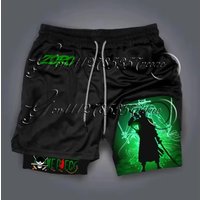 Bandai One Piece Roronoa Zoro Anime Men's Double Layer 2 In 1 Gym Shorts Summer Quick-dry Soft Comfy Lightweight Beach Shorts