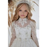 White Elegant Princess Flowers Girl Dress with Belt Lace Embroidery on the Bodice A-Line Gown Wedding Minibridesmaid Evening