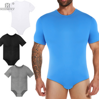 Mens Round Neck Bodysuit Short Sleeve Jumpsuit Press Crotch Underwear Adult Leotard for Shapewear Compression Romper Undershirt