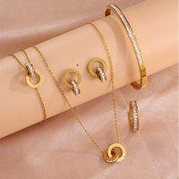 Yupsk 5pcs/Set Stainless Steel Geometric Zircon Roman Numeral Design Earrings Necklace Bracelet Ring Jewelry Set for Women