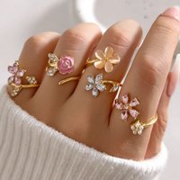 4Pcs Floral Ring Set Gold Plated Stackable Flower Rings with Pink Enamel Rose Crystal Petals Adjustable Jewelry Women Valentine’S