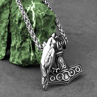 Nordic Odin Raven Thor Hammer Necklace Men's Stainless Steel Vintage Mjolnir Rune Pendant Necklace Fashion Viking Jewelry Gift
