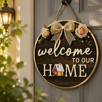 Creative 2D Flat Welcome Sign Wooden Bow Knot Hanging Decoration Round Shape Flower Door Wreath Porch Decor