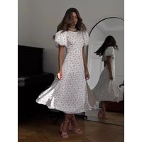 Elegant Flowers Print Princess Dresses Women O Neck Hollow Out Backless Puff Short Sleeves Slit A-line Dress Female Summer New