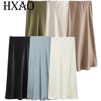 HXAO Elegant Midi Satin Skirt Women's Skirt Summer 2026 Polka Dot A -Line Smooth High Waist Skirt Black White Green Khaki Skirts