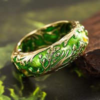 Huitan Tree Design Women Ring Full Green Enamel Fresh Style Party Daily Lady Gold Color Luxury Accessories Elegant Metal Jewelry