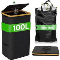LMETJMA 100L Recycling Bin Large Capacity Kitchen Recycling Bin with Bamboo Lid Foldable Recycle Bin with Reusable Inner Bags