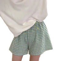 Women's Cotton Summer Pajama Shorts; Soft Loose-fit Plaid Print Ladies Sleep Pants