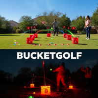 Bucketgolf GLOW is a portable golf game with LED lights suitable for various locations including beaches and lawns