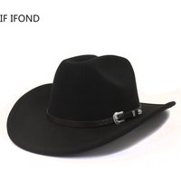 New Vintage Men Western Cowboy Hat With Belt Winter Autumn Roll Up Brim Cowgirl Jazz Church Cap Sombrero Hombre