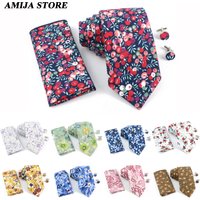 New Hot Top Sell Design Floral Cotton 7cm Necktie Sets Cufflinks Pocket Square Men Classy Wedding Party Pink Cravat Gift Accesso