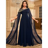UNITHORSE Sequin Patchwork Chiffon Capelet Sleeve Formal Evening Dress