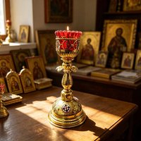 Orthodox Vigil Lamp Lampada with Red Glass Gold Metal Stand 11.6 Inch Ornate Candle Holder for Home Altar Christian Decor Gift