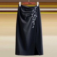 Women Summer Vintage Fashion Appliques Ruched Slim Elegant Party Skirt Office Lady High Waist Sexy Slit Black Midi Skirts Faldas