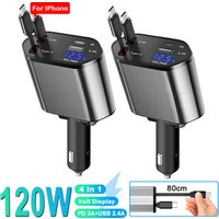 4 IN 1 Car Phone Charger 120W Type C 66W+2.4A Charging Cable with Retractable Cords with Volt Display For IPhone Huawei Samsung