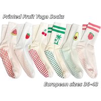European sizes 36-43, 1 Pair of Fruit-Print Yoga Socks with Rubberized Soles, Mid-Calf Length, Breathable and Slip-Resistant