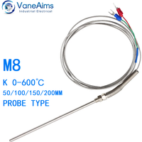 1m M8 Temperature sensor Thermocouple Type K 50mm 100mm 150mm 200mm Compression Spring Probe Temp Sensor 0-600℃ with 2 terminals