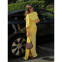 Elegant Yellow Women's Long Dress 2026 Summer Half Sleeve Fold Side Split Slim Female Robe Sexy Backless Lady Evening Dresses