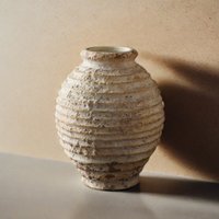 Rustic Vintage Ceramic Vase 16.5cm Round Farmhouse Home Decor, Handmade Distressed Flower Vase For Table Centerpiece, Country St