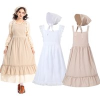 Umorden Literary Retro Lace Ruffle Long Apron Bonnet for Women Adult Pilgrim Girl Farm Village Pioneer Maid Costume Cotton Linen