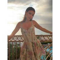 Elegant Floral Print Lace Trim Cami Dress Chic Spaghetti Strap Corset Waist A-Line Sleeveless Dresses Summer Beach Vacation Gown