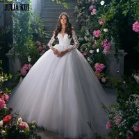 Julia Kui Custom Made New Arrival Full Sleeves Ball Gown Wedding Dresses Beading Pearls Appliques Lace Bridal Skits