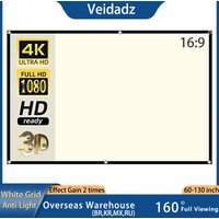 VEIDADZ Projector Screen White Grid Anti-Light 160°Viewing Angle 60 84 100 120 130inch Black Border Metal Hook Reflective Screen