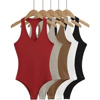 Summer V-neck Sleeveless Knitted Elastic Slim Bodysuit Women Solid Color Top Jumpsuits