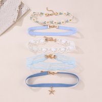 5pcs/set Charming Lace & Plaid Floral Choker – Soft Ribbon Tie Necklace for a Sophisticated Look.