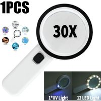 30X Handheld Magnifier 12 LED Illuminated Light with UV Light Portable Magnifying Loupe for Reading Jewelry Watch Repair