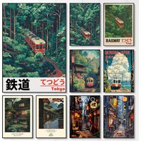 Retro Japanese Railway Landscape Canvas Print Tokyo Rainy Night Street Wall Art Poster for Modern Living Room Bedroom Home Decor