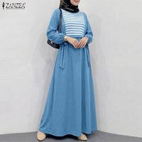 ZANZEA Women Striped Patchwork Muslim Dress Abaya Elegant Casual O Neck Long Sleeve Sundress Kaftan Maxi Long Dress Dubai Robe