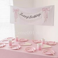 BluePink Bow Happy Birthday Banner Hand‑Drawn Style Birthday Party Backdrop Sign Fabric Hanging Decorations