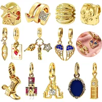 Gold Charms 925 Silver Blue Zircon Wings Magic Mirror Bell Tower Beads Pendant Fit Bracelet Bag Keychain Dangle DIY Jewelry Gift