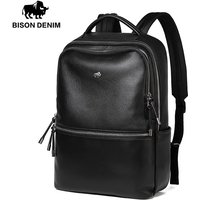 BISON DENIM New Genuine Leather Men Backpack Laptop School Backpack Bag 2025 Fashion Waterproof Travel Bag Casual Book Bag