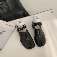 Retro New Women's Flat Toe Split Slip-On Sandals Buckle Mary Janes Comfortable Low Heel Synthetic Leather Casual Shoes