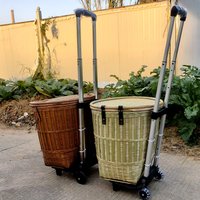Handwoven Bamboo Shopping Basket with Wheels Foldable Grocery Cart for Elderly Lightweight Storage Trolley