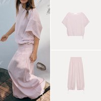 Women's round Neck Loose Hem Shirt And Wide Leg Pants Summer Vacation Lantern Pants Two Piece Set ZADATA Brand