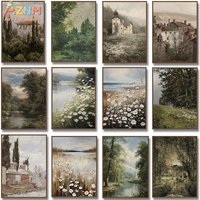 AZNM Vintage European Countryside Landscape Canvas Wall Art, Retro Oil Painting Daisy Field River Village Print, Frameless Rusti
