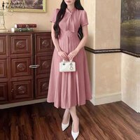 ZANZEA Fashion Women Dress Summer Solid Color Short Sleeve Pleated Dresses OL Work Party Vestidos Elegant Streetwear Sundress