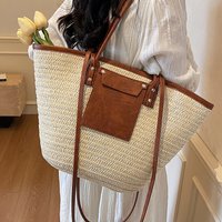 Bohemian style Large Capacity Straw Woven Tote Bag Summer Beach Shoulder Bag with Leather Trim Vacation Style Handbag Daily Use