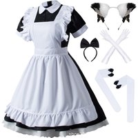 Wannsee Japanese Anime 6Pcs Lolita French Maid Apron Fancy Dress Cosplay Costume Gloves Headwear Socks set(Black XL)