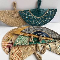 Natural Seaweed Straw Fan Handmade Boho Style Grass Woven Fan Semicircular Handheld Fan Home Decor