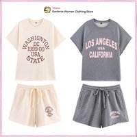 Women Washed Effect Text Shorts Suit 2 Piece Summer Set Text Plush Short Sleeve Sweatshirt Matching Tonal Drawstring Sweatshorts