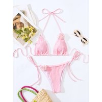 sexy 3D pink flower wrinkled halter string bikinis sets two pieces high waist swimsuit padded thong swimwear female bathing suit